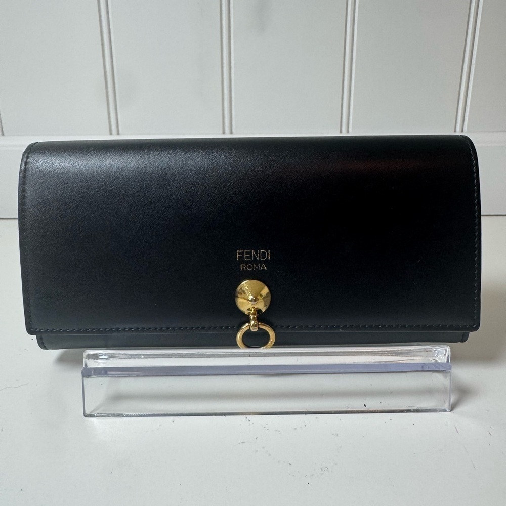 Fendi Women’s Black Long Leather Wallet with Gold Accent